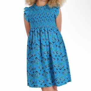 French Connection Blue Floral Smocked Knee Length Dress Empire Waist Sz L